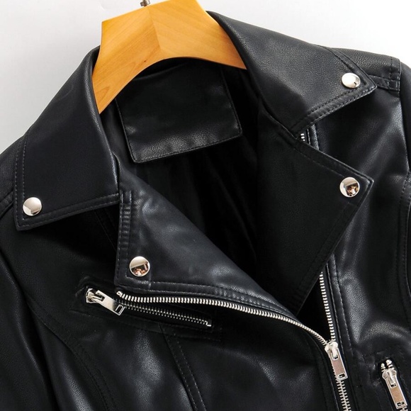 Black biker moto Vegan leather Zipper jacket motorcycle - Picture 5 of 7